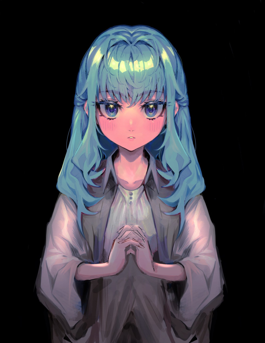 1girl bangs black_background blue_eyes blush brown_jacket collarbone copyright_request eyebrows_visible_through_hair green_hair hair_intakes highres jacket long_hair long_sleeves looking_at_viewer maido_mido own_hands_together parted_lips shiny shiny_hair shirt simple_background solo symbol_commentary teeth upper_body white_shirt wide_sleeves