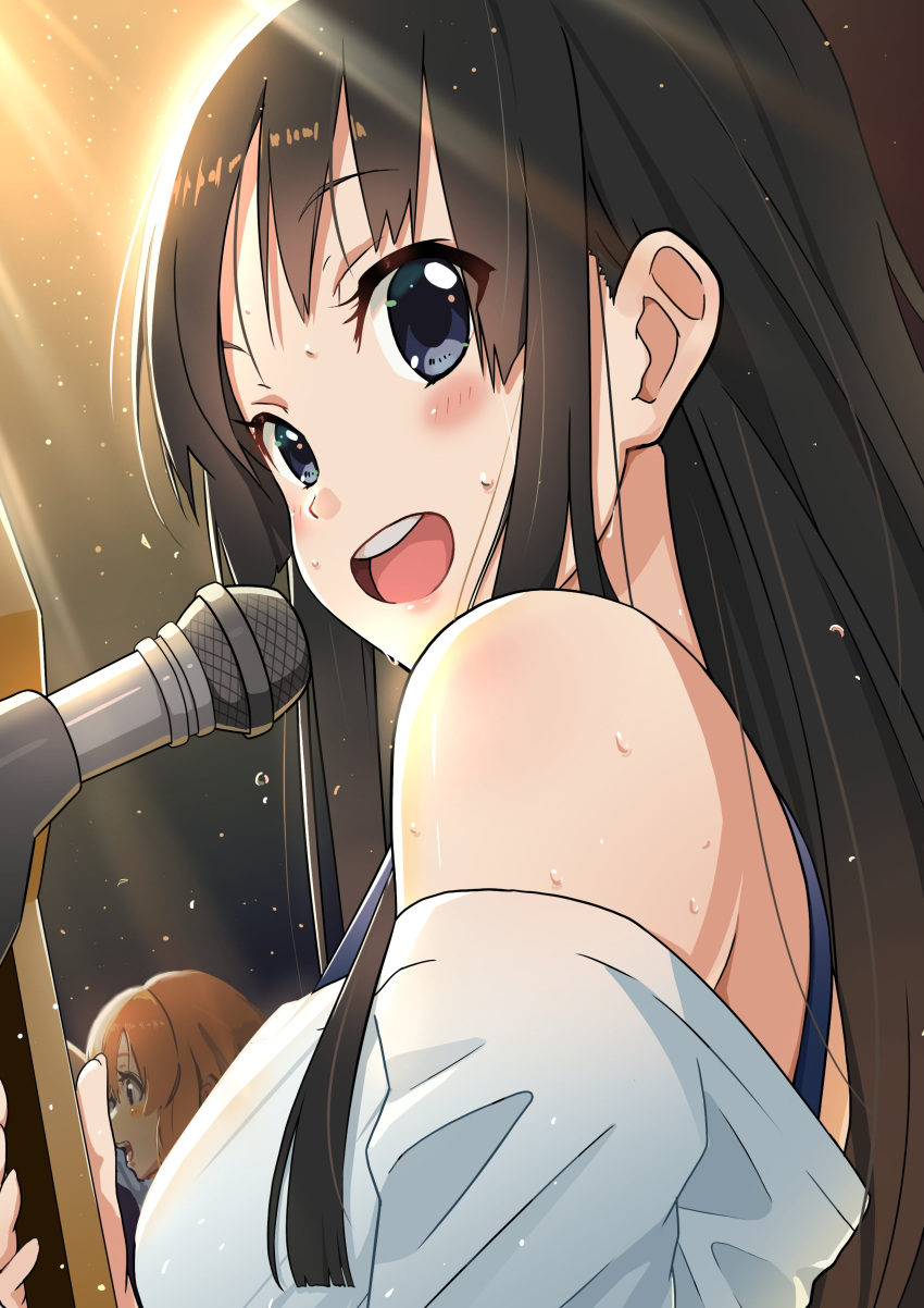 2girls absurdres akiyama_mio bangs bare_shoulders black_eyes black_hair blush bra_strap brown_hair commentary_request dark_background eyebrows_visible_through_hair highres hirasawa_yui k-on! light_particles light_rays long_hair looking_afar looking_to_the_side microphone multiple_girls off-shoulder_shirt off_shoulder open_mouth shima6644 shirt smile solo_focus sweat upper_body upper_teeth white_shirt