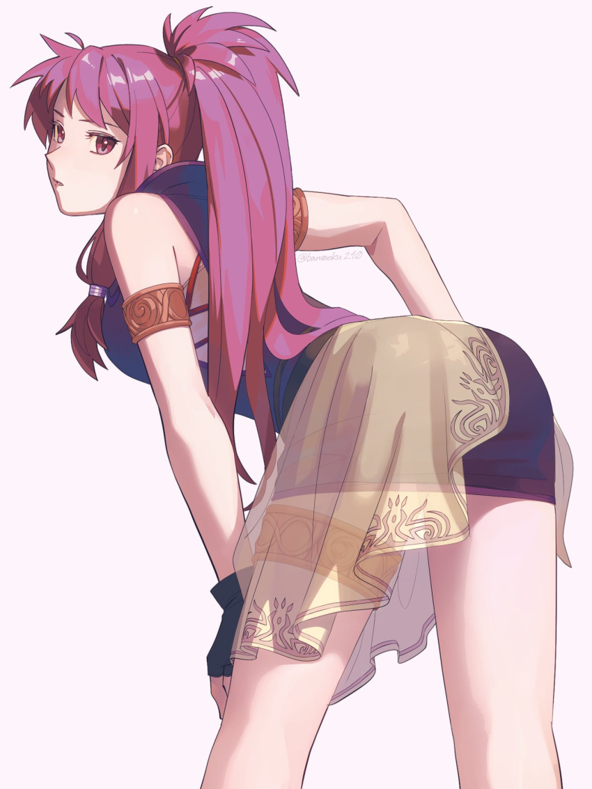 1girl a_(user_vtsy8742) arm_strap ass bent_over black_gloves black_skirt breasts fingerless_gloves fire_emblem fire_emblem:_the_sacred_stones from_behind gloves hair_behind_ear hand_on_hip highres long_hair looking_at_viewer looking_back marisa_(fire_emblem) medium_breasts purple_hair skirt solo thigh_strap violet_eyes white_background