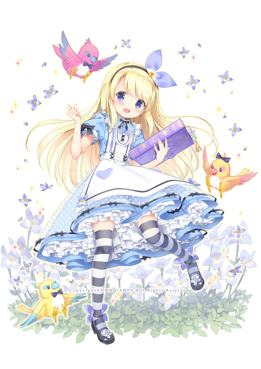 1girl :d absurdres animal apron bangs bird black_footwear black_hairband black_neckwear blonde_hair blue_dress blue_eyes blue_flower blush book bow bowtie commentary_request dress eyebrows_visible_through_hair flower flower_knight_girl frilled_apron frills full_body hairband hand_up highres hinasou_(flower_knight_girl) holding holding_book kimishima_ao long_hair open_mouth petticoat polka_dot puffy_short_sleeves puffy_sleeves revision shoe_flower shoes short_sleeves smile solo sparkle standing standing_on_one_leg strappy_heels striped striped_legwear thigh-highs very_long_hair watermark white_apron white_background
