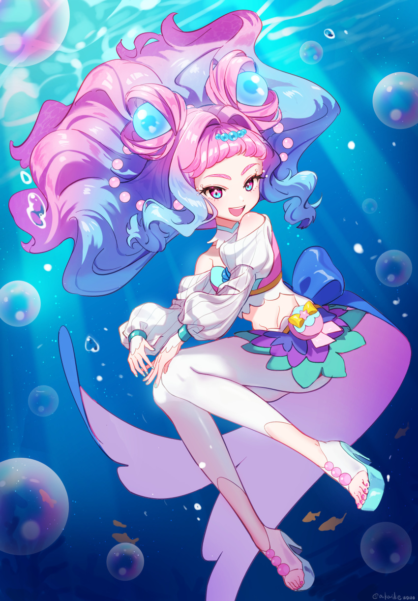 1girl :d absurdres akaike back_bow blue_bow blue_eyes blue_footwear blue_hair bow bubble cure_la_mer double_bun eyelash_ornament eyelashes fish full_body hair_bun hair_intakes hair_ornament heart heart_in_eye highres laura_la_mer layered_skirt long_hair looking_at_viewer magical_girl multicolored_clothes multicolored_eyes multicolored_hair multicolored_skirt open_mouth pantyhose pink_eyes pink_hair precure shoes skirt smile solo symbol_in_eye thick_eyebrows toeless_legwear tropical-rouge!_precure twitter_username two-tone_hair underwater white_pantyhose