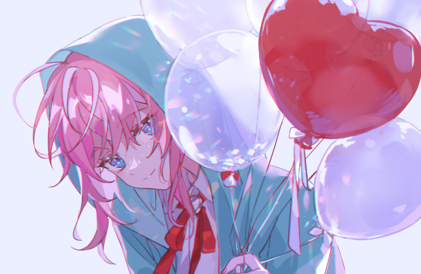 1boy ahoge amemura_ramuda balloon bangs blue_eyes commentary crossed_bangs green_jacket grey_background head_tilt holding holding_balloon hood hood_up hooded_jacket hypnosis_mic jacket kanose looking_at_viewer male_focus necktie pink_hair red_neckwear shirt short_hair sidelocks simple_background smile solo upper_body white_shirt