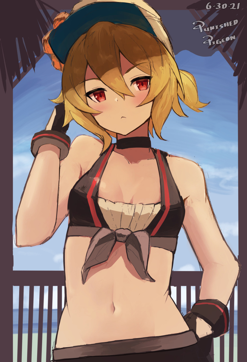 1girl alex_(dragalia_lost) bare_arms bare_shoulders bikini black_bikini black_choker black_gloves blonde_hair breasts choker closed_mouth day dragalia_lost expressionless front-tie_bikini front-tie_top gloves hair_between_eyes hand_on_hip hand_up hat highres looking_at_viewer midriff navel outdoors peaked_cap punished_pigeon red_eyes short_hair short_ponytail small_breasts solo stomach swimsuit upper_body