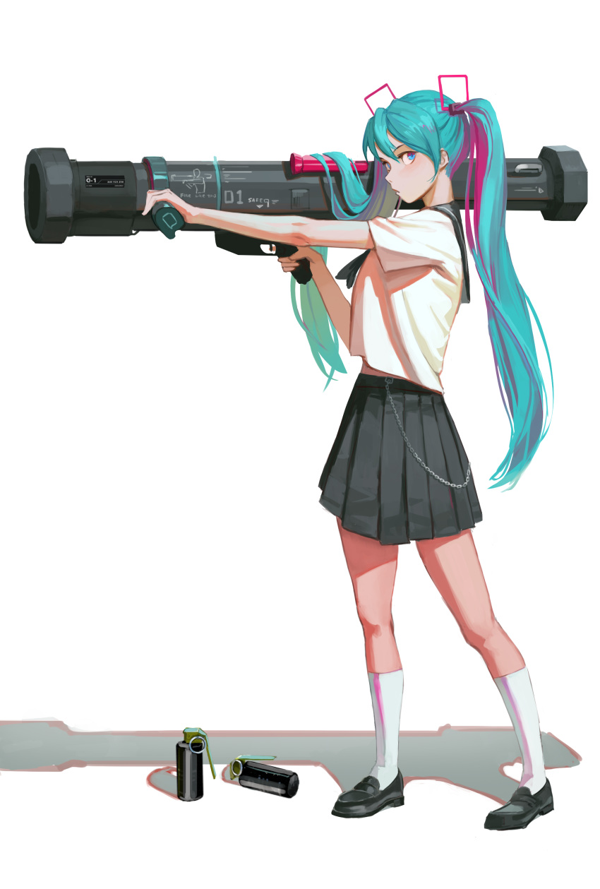 1girl absurdres aqua_eyes aqua_hair black_footwear black_skirt darr1o english_commentary full_body hatsune_miku highres kneehighs long_hair pleated_skirt rocket_launcher school_uniform serafuku shadow shirt short_sleeves simple_background skirt solo standing twintails very_long_hair vocaloid weapon weapon_request white_background white_legwear white_shirt