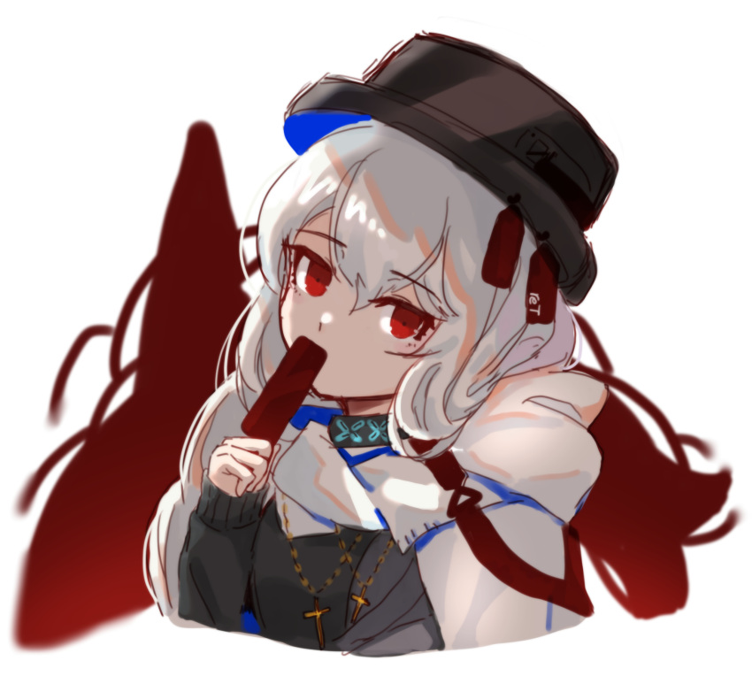 1girl arknights black_collar black_headwear black_sweater collar cropped_torso cross cross_necklace food hair_between_eyes hat head_tilt highres holding holding_food infection_monitor_(arknights) jacket jewelry long_hair looking_at_viewer necklace official_alternate_costume one-hour_drawing_challenge popsicle red_eyes retxoxt simple_background solo specter_(arknights) specter_(undercurrent)_(arknights) sweater upper_body white_background white_hair white_jacket