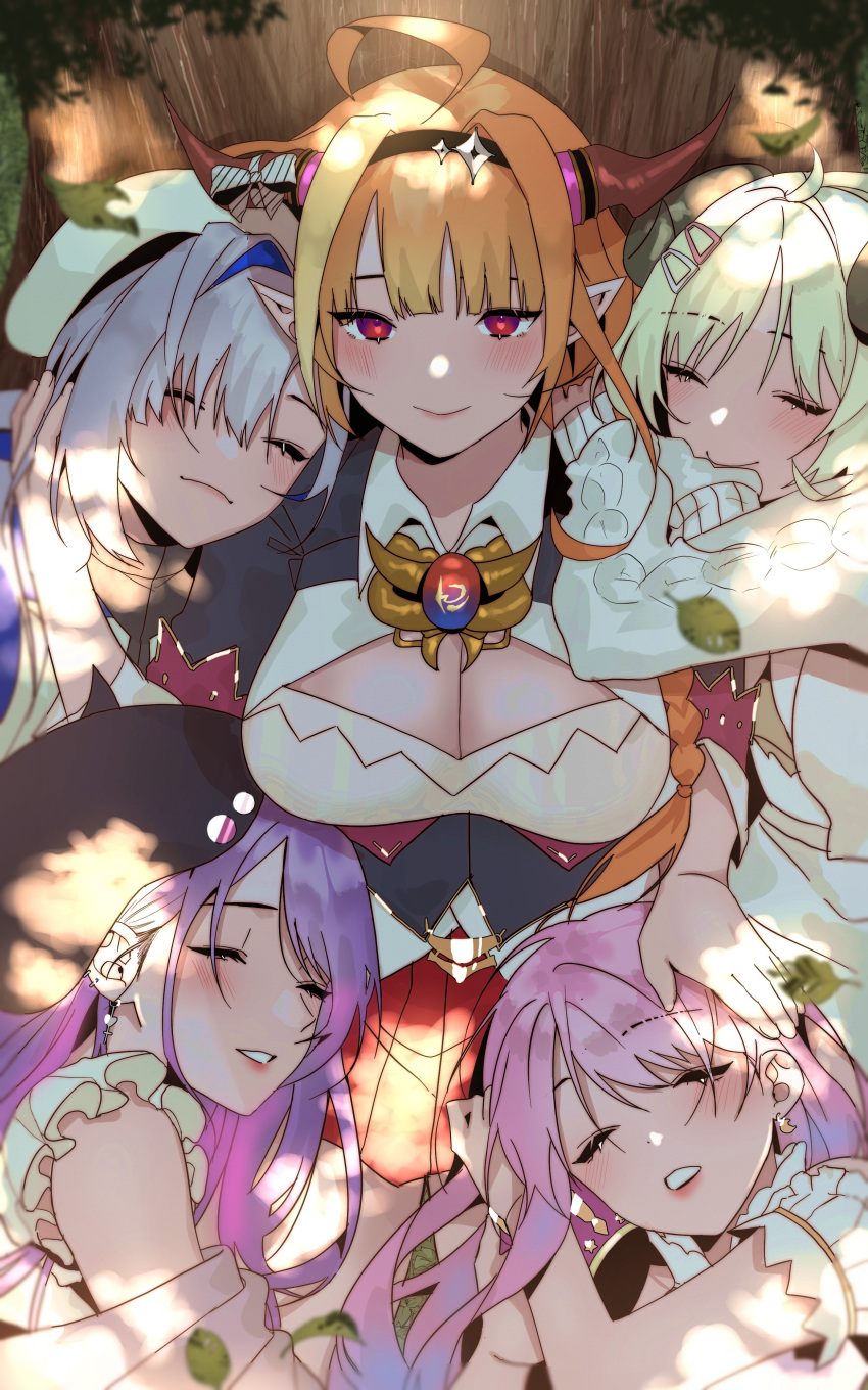 5girls absurdres ahoge amane_kanata angel bangs beret bibi_(tokoyami_towa) blonde_hair blue_hair blunt_bangs bow breasts cleavage_cutout closed_eyes closed_mouth clothing_cutout curled_horns dappled_sunlight demon_girl demon_horns diagonal-striped_bow dragon_girl dragon_horns ear_piercing english_commentary eyebrows_visible_through_hair fake_horns falling_leaves gradient_hair hair_ornament hairclip hand_on_another's_head hat hievasp highres himemori_luna hololive horn_bow horns kiryu_coco large_breasts leaf long_hair multicolored_hair multiple_girls open_mouth orange_hair piercing pink_hair pleated_skirt pointy_ears red_skirt sheep_girl sheep_horns short_hair silver_hair skirt smile streaked_hair striped striped_bow sunlight tokoyami_towa tree tree_shade tsunomaki_watame under_tree violet_eyes virtual_youtuber white_headwear