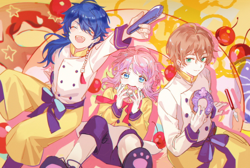 3boys amemura_ramuda apron arisugawa_dice arm_support arm_up bangs black_footwear black_pants blue_eyes blue_hair blush bow bowtie brown_hair buttons chef_uniform cherry closed_eyes commentary crossed_bangs doughnut earrings eating feet_out_of_frame fling_posse food fruit green_eyes holding holding_food holding_tongs hypnosis_mic jewelry kanose light_smile long_hair looking_at_viewer male_focus multiple_boys open_mouth pants paw_print_soles pink_hair ponytail red_neckwear shirt sidelocks smile tassel tassel_earrings tongs waist_apron white_apron white_shirt yellow_apron yellow_background yellow_pants yellow_shirt yellow_theme yumeno_gentarou