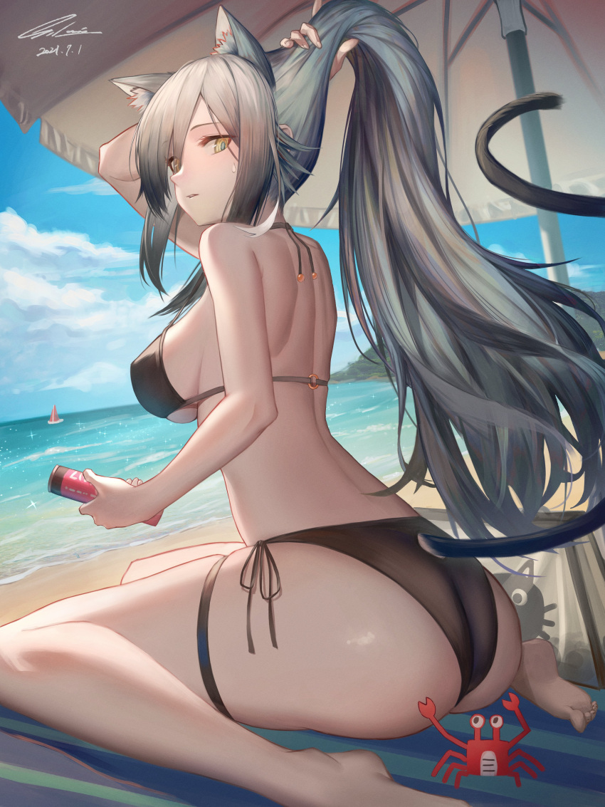 1girl absurdres animal_ear_fluff animal_ears arknights arm_up ass ass_cutout back bare_arms bare_shoulders barefoot beach beach_umbrella bikini black_bikini breasts bunching_hair cat_ears cat_girl cat_tail clothing_cutout covered_nipples crab day from_behind grey_hair halter_top halterneck highres ioriwu8 large_breasts legs long_hair looking_at_viewer looking_back ocean outdoors parted_lips schwarz_(arknights) shoulder_blades sitting sky solo strap_gap string_bikini sweatdrop swimsuit tail thigh_strap thighs umbrella very_long_hair wariza yellow_eyes