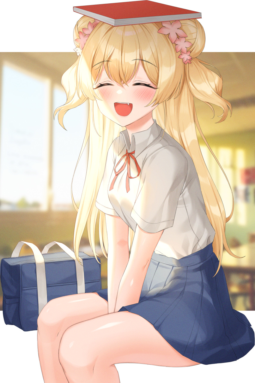 1girl absurdres bag between_legs blonde_hair blush book book_on_head bow classroom closed_eyes double_bun dress_shirt fang flower hair_flower hair_ornament hand_between_legs highres hololive huge_filesize indoors long_hair momosuzu_nene object_on_head open_mouth outside_border pleated_skirt ribbon shirt sitting skirt smile solo two_side_up uniform virtual_youtuber xiho_(suna)