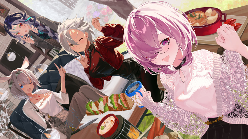 1boy 3girls absurdres animal_ears bangs blue_eyes blue_hair braid braided_ponytail breasts caenis_(fate) chloe_von_einzbern couch cup dark-skinned_female dark_skin eyebrows_behind_hair eyebrows_visible_through_hair fate/grand_order fate_(series) food glasses hair_between_eyes hair_over_one_eye highres holding holding_cup holding_hands indoors jacket jewelry long_hair looking_at_viewer mash_kyrielight multiple_girls necklace one_eye_closed open_mouth panties pointy_ears pot purple_hair qin_shi_huang_(fate) red_eyes sandwich scarf shirt short_hair silver_hair sitting smile sweater underwear violet_eyes yellow_eyes yu_(want_rou_nai_zi)