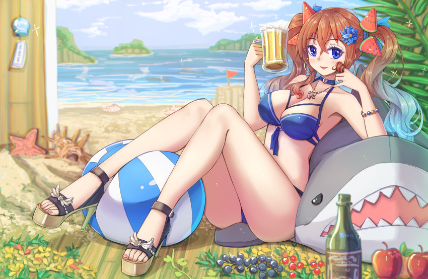 1girl absurdres beach beer_mug bikini blue_bikini blue_eyes blue_hair breasts brown_hair cross cross_necklace cup day earrings food-themed_hair_ornament front-tie_bikini front-tie_top gradient_hair hair_ornament high_heels highres holding holding_cup hoop_earrings jewelry large_breasts mug multicolored_hair necklace original outdoors sandals sitting solo suikakitsu_shiro swimsuit twintails watermelon_hair_ornament xia_you_qing