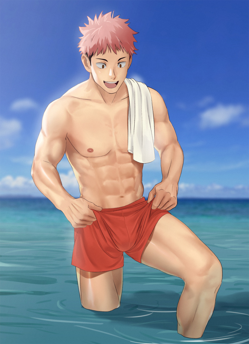 1boy :d abs blurry bulge collarbone day depth_of_field highres itadori_yuuji jujutsu_kaisen leg_lift male_focus naoki_(xhju8282) navel nipples ocean open_mouth outdoors pectorals pink_hair red_shorts shirt_removed shirtless short_hair short_shorts shorts smile solo spiky_hair standing tank_top toned toned_male wading water white_tank_top