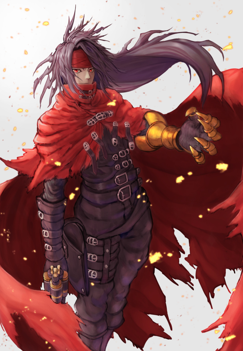 1boy belt black_hair clawed_gauntlets cloak final_fantasy final_fantasy_vii gloves gun headband highres long_hair looking_at_viewer messy_hair pale_skin red_cloak red_eyes red_headband revolver torn_clothes user_cdxk3254 vincent_valentine weapon