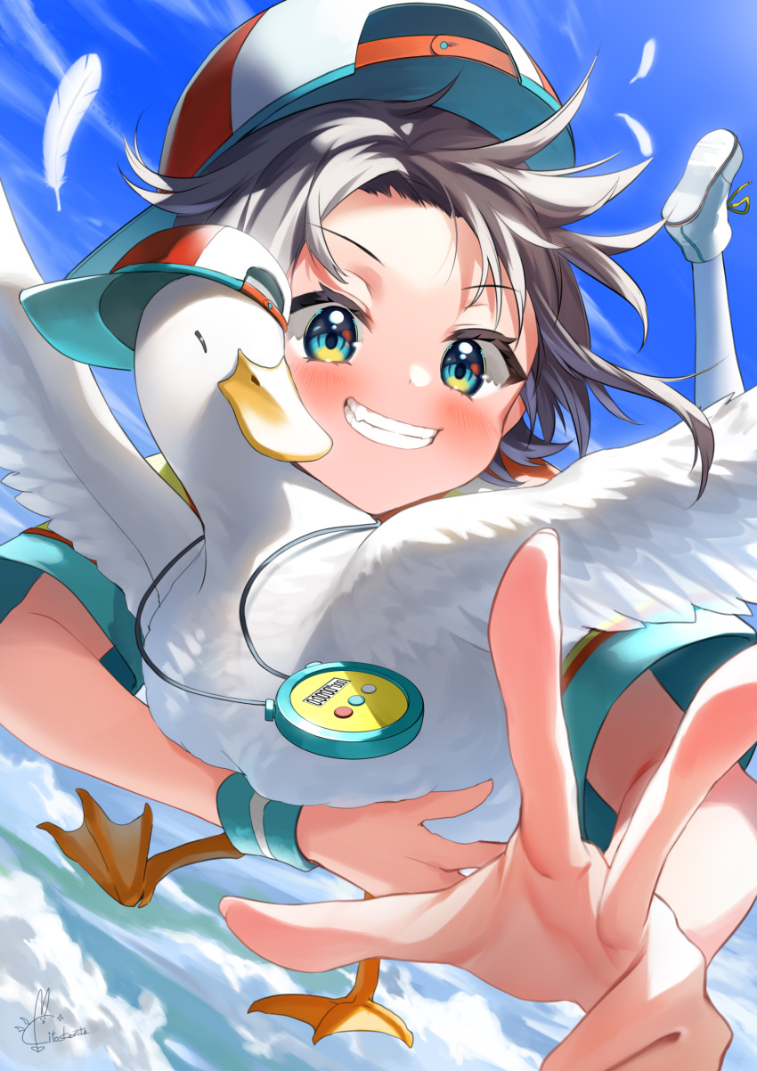 1girl absurdres animal bangs baseball_cap bird black_hair blue_eyes blue_sky blush clouds commentary_request duck eyebrows_visible_through_hair feathers grin hat highres holding holding_animal holding_bird hololive kito_koruta looking_at_viewer midair multicolored multicolored_clothes multicolored_headwear oozora_subaru shirt shoes short_hair short_sleeves signature sky smile solo stopwatch subaru_duck v virtual_youtuber watch white_background white_footwear white_legwear