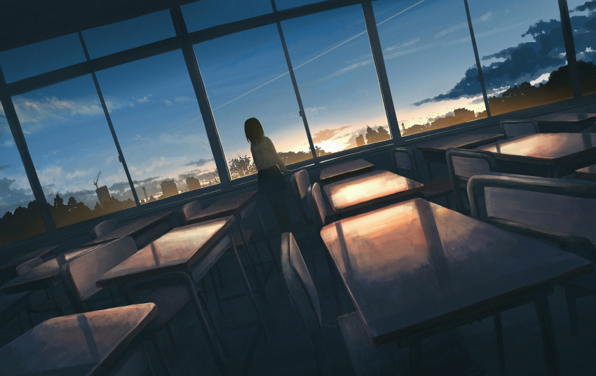 1girl black_hair black_skirt blue_sky building chair cityscape classroom clouds commentary condensation_trail crane_(machine) desk dutch_angle from_behind gensuke_(ryun) highres indoors landscape original reflection scenery school_chair school_desk shirt skirt sky solo standing sunset tree white_shirt window