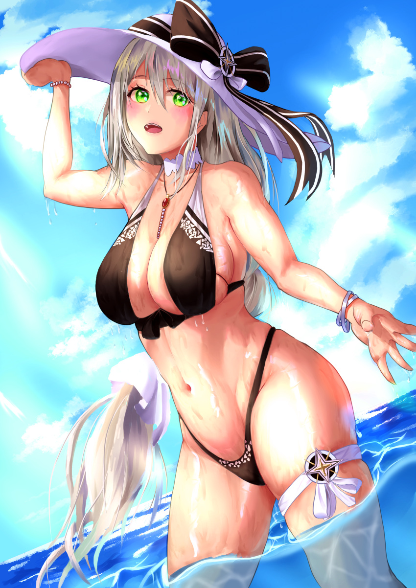 1girl absurdres aquila_(azur_lane) aquila_(sardegnian_shallows_and_sunshine)_(azur_lane) azur_lane bikini black_bikini black_ribbon blue_sky braid breasts center_opening clouds collar detached_collar from_below green_eyes hair_between_eyes hat highleg highleg_bikini highres huge_breasts long_hair navel official_alternate_costume open_mouth partially_submerged partially_underwater_shot ribbon saure_teigtasche silver_hair single_braid skindentation sky solo sun_hat swimsuit thigh_strap very_long_hair wet wet_legwear white_collar white_headwear