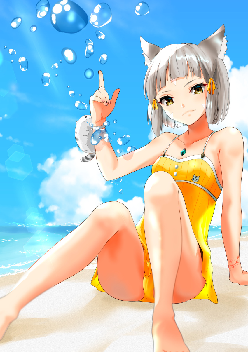 1girl absurdres animal_ears bangs beach blunt_bangs cat_ears chest_jewel dress_swimsuit facial_mark highres nayuta-kanata nia_(xenoblade) ocean short_hair silver_hair solo swimsuit water xenoblade_chronicles_(series) xenoblade_chronicles_2 yellow_eyes yellow_swimsuit