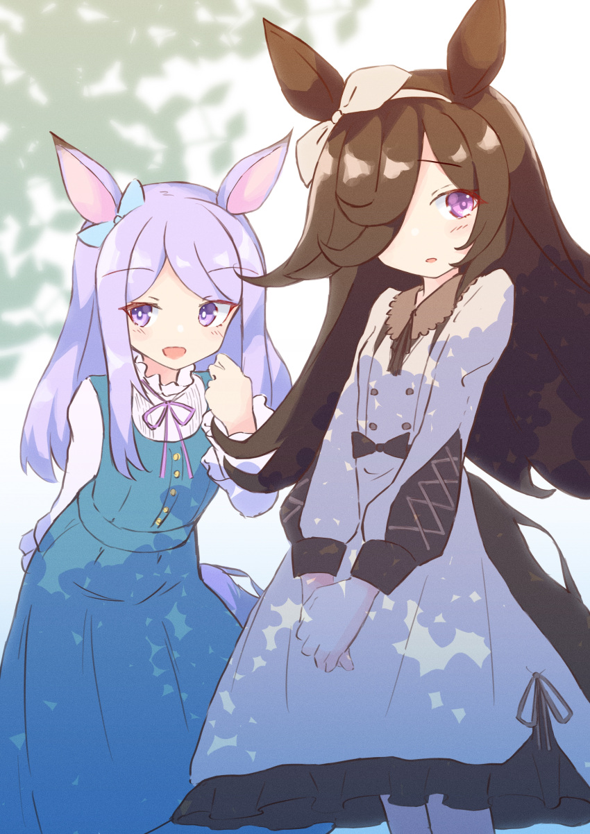 2girls :d absurdres animal_ears bangs blue_dress blue_ribbon blush brown_hair brown_hairband brown_ribbon commentary_request dress ear_ribbon eyebrows_visible_through_hair frilled_dress frills hair_over_one_eye hair_ribbon hairband hands_together highres horse_ears horse_girl horse_tail ichi leaning_forward long_sleeves mejiro_mcqueen_(umamusume) multiple_girls open_mouth own_hands_together parted_bangs parted_lips puffy_long_sleeves puffy_sleeves purple_hair ribbon rice_shower_(umamusume) shirt sleeveless sleeveless_dress smile tail umamusume violet_eyes white_dress white_shirt