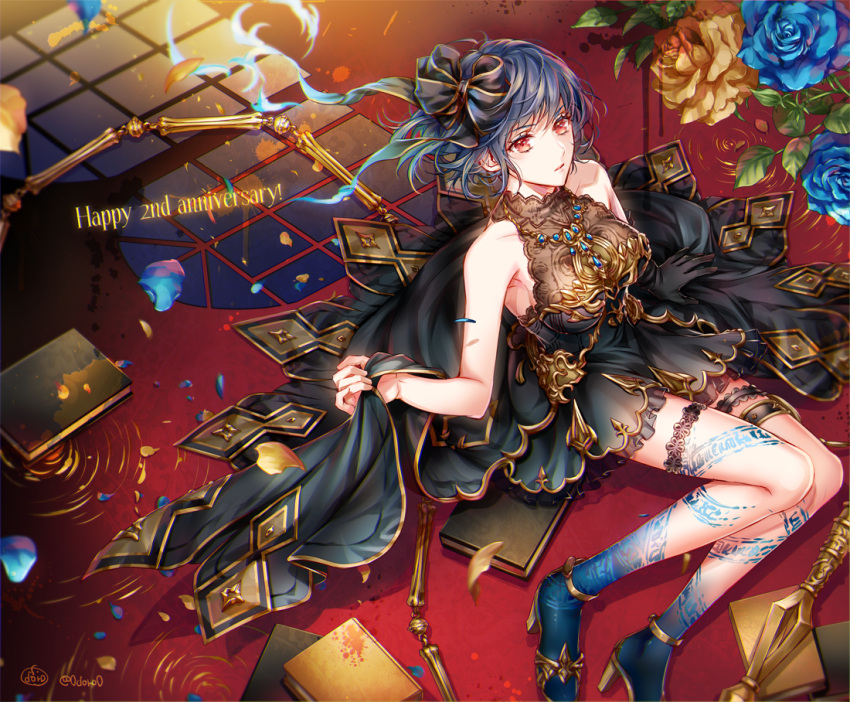 1girl alice_(sinoalice) anniversary asymmetrical_gloves bad_id bad_pixiv_id blood blood_splatter blue_hair book bow breasts chain dr. dress elbow_gloves english_text flower gloves hair_bow high_heels holding holding_clothes holding_dress jewelry kneeling legband looking_at_viewer parted_lips petals puddle red_eyes rose short_hair sinoalice solo tattoo