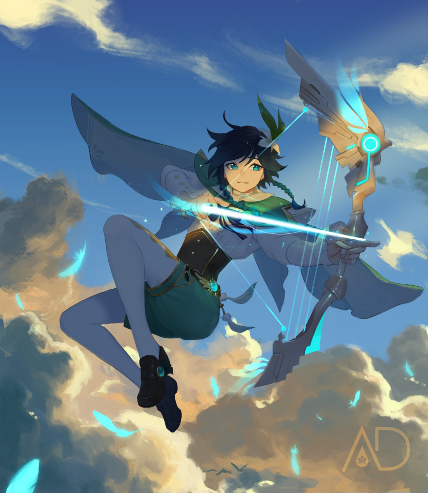 1boy akidropie androgynous argyle argyle_legwear bangs black_hair blue_hair bow bow_(weapon) braid clouds cloudy_sky collared_cape corset day drawing_bow english_commentary feathers flower frilled_sleeves frills full_body gem genshin_impact gradient_hair green_eyes green_shorts hair_flower hair_ornament highres holding holding_bow_(weapon) holding_weapon leaf light_particles long_sleeves looking_to_the_side male_focus midair multicolored_hair open_mouth outdoors pantyhose shirt short_hair_with_long_locks shorts sidelocks sky smile solo symbol_commentary twin_braids venti_(genshin_impact) vision_(genshin_impact) weapon white_flower white_legwear white_shirt
