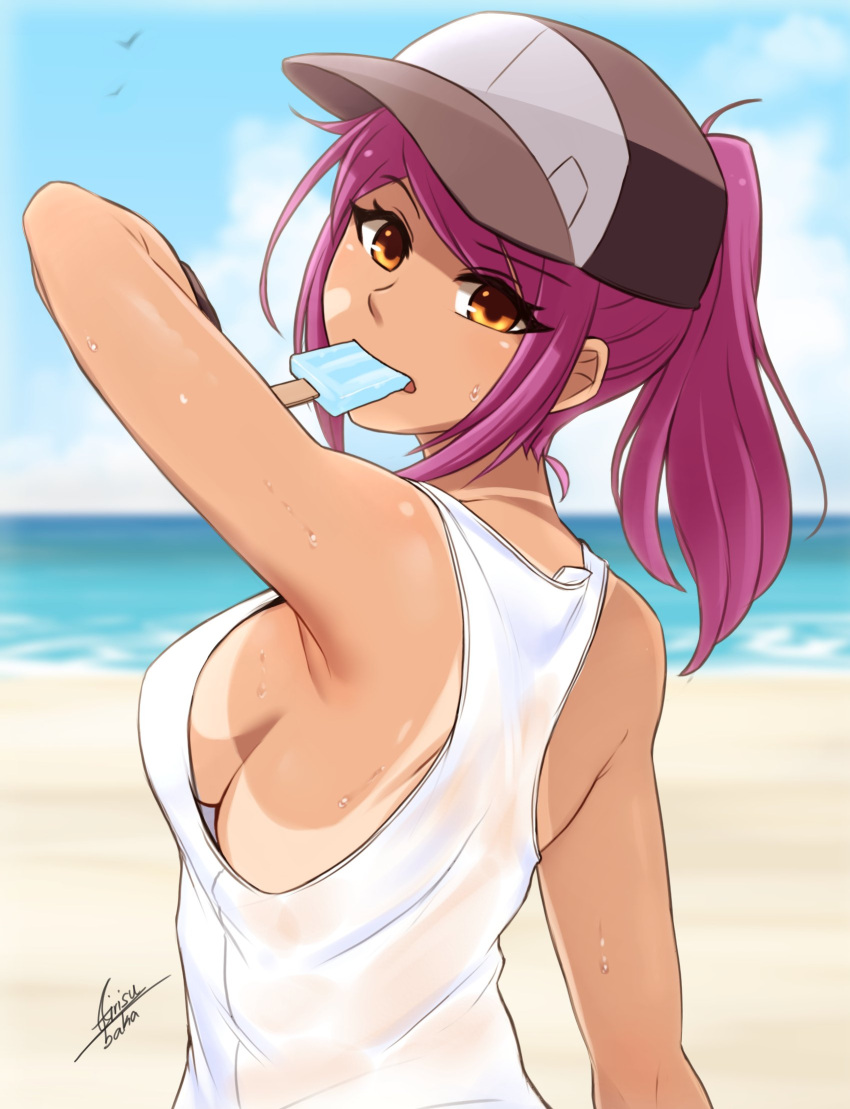 1girl airisubaka baseball_cap beach blurry blurry_background breasts brown_eyes commentary day english_commentary eyebrows_visible_through_hair food food_in_mouth hat highres large_breasts leah_(airisubaka) long_hair looking_at_viewer mouth_hold original outdoors ponytail popsicle purple_hair shirt sideboob signature solo sweat tan tanline upper_body wet wet_clothes wet_shirt white_shirt