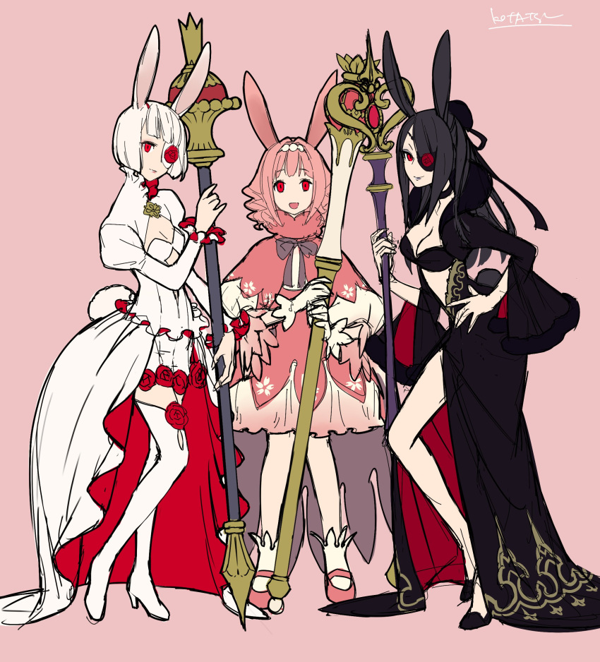 3girls :d absurdres animal_ears bangs black_bra black_dress black_footwear black_hair blunt_bangs bob_cut bra breasts closed_mouth dress drill_hair eyepatch high_heels highres holding holding_staff kotatsu_(g-rough) long_hair long_sleeves looking_at_viewer multiple_girls one_eye_covered open_mouth original pink_background pink_dress pink_footwear pink_hair rabbit_ears red_eyes short_hair signature simple_background skuld_(kotatsu_(g-rough)) small_breasts smile staff standing thigh-highs underwear urd_(kotatsu_(g-rough)) verthandi_(kotatsu_(g-rough)) white_dress white_hair white_legwear