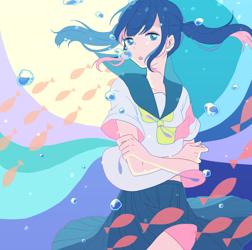 1girl abstract_background aqua_sailor_collar aqua_skirt blue_eyes blue_hair bubble cowboy_shot fish floating_hair highres long_hair looking_at_viewer neckerchief open_mouth original shi_oo shirt short_sleeves skirt solo twintails white_shirt yellow_neckwear