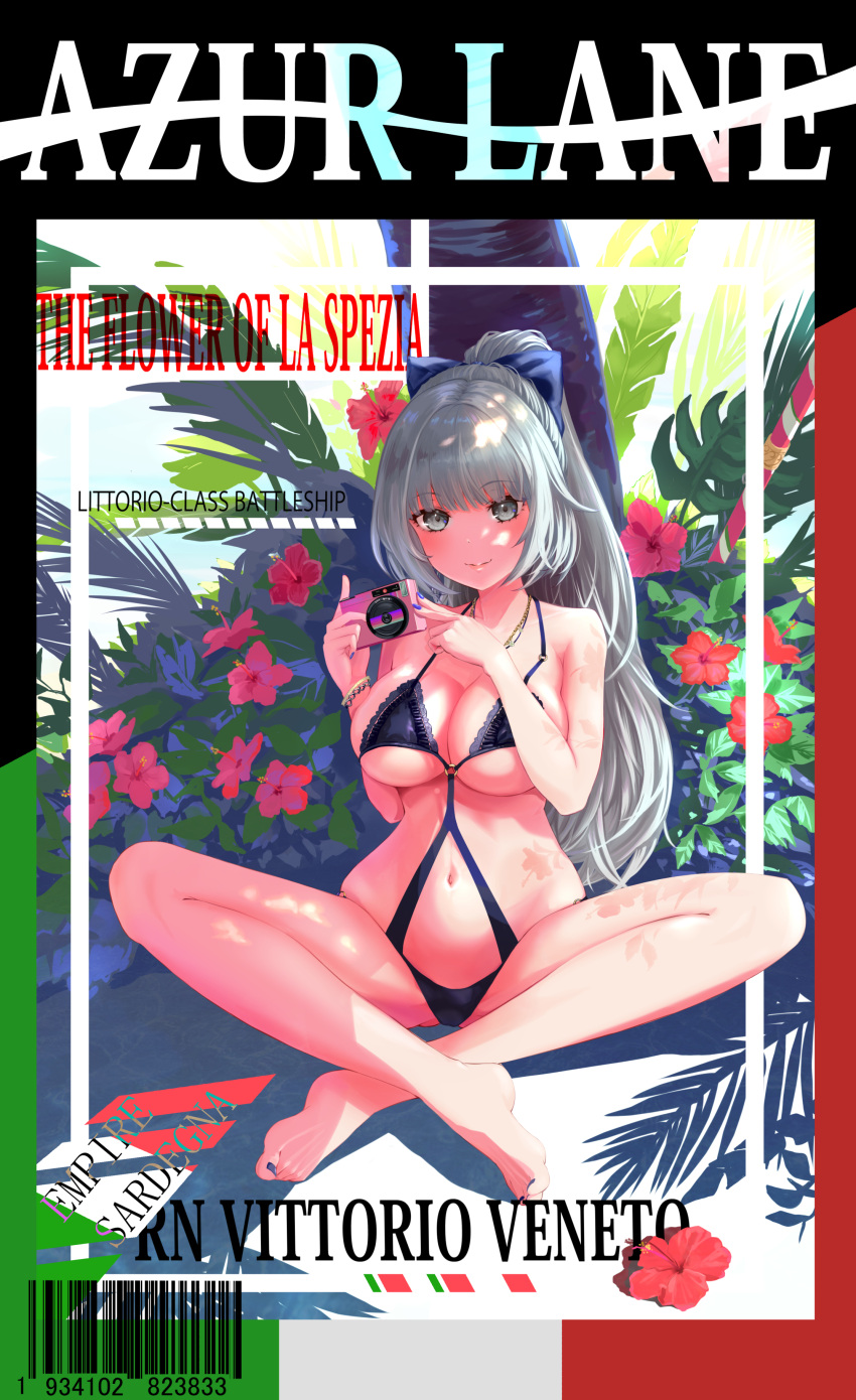 1934 1girl absurdres azur_lane barcode bikini bow breasts camera character_name clothing_cutout cover english_text eyebrows_visible_through_hair fake_cover fake_magazine_cover flower full_body grey_eyes hair_bow high_ponytail highres holding holding_camera italian_flag ito_lab large_breasts looking_at_viewer magazine_cover navel_cutout official_alternate_costume ponytail purple_bow red_flower silver_hair solo swimsuit vittorio_veneto_(azur_lane) vittorio_veneto_(the_flower_of_la_spezia)_(azur_lane)