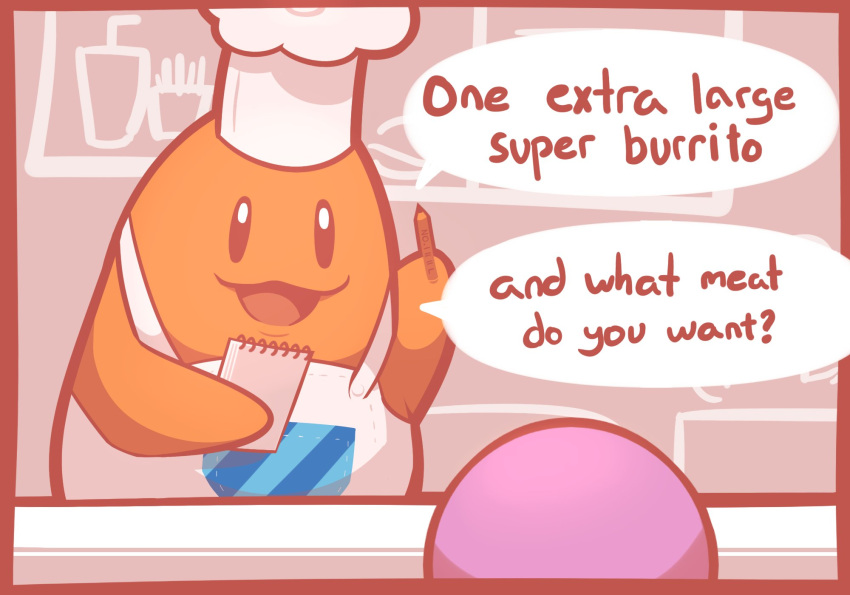 :3 apron arm_up bench black_eyes border chef chef_hat chef_kawasaki commentary english_text from_behind hand_up happy hat highres holding holding_notepad holding_pencil indoors kaips kirby kirby_(series) looking_at_another looking_down loss_(meme) notepad open_mouth pencil red_border restaurant sketch smile speech_bubble standing symbol_commentary talking text_focus upper_body white_apron white_headwear