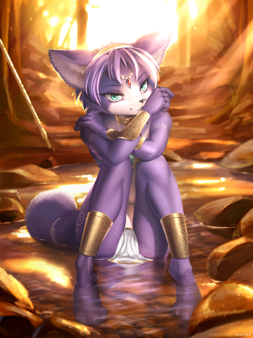 1girl :3 absurdres ancesra animal_ear_fluff animal_ears animal_nose aqua_eyes arm_tattoo artist_name bandeau bare_shoulders barefoot blue_fur body_fur choker circlet closed_mouth crossed_arms crystal forest fox_ears fox_girl fox_tail full_body furry gold hairband hand_on_own_shoulder hands_up happy highres knees_together_feet_apart knees_up krystal leg_tattoo legs light_particles light_rays loincloth looking_at_viewer nature navel outdoors partially_submerged patreon_username paws polearm rock ruby_(gemstone) shin_guards short_hair sitting smile snout solo spear star_fox stream sunlight sunset tail tail_ornament tail_ring tattoo tree two-tone_fur vambraces water watermark weapon web_address wet white_fur yellow_choker yellow_hairband