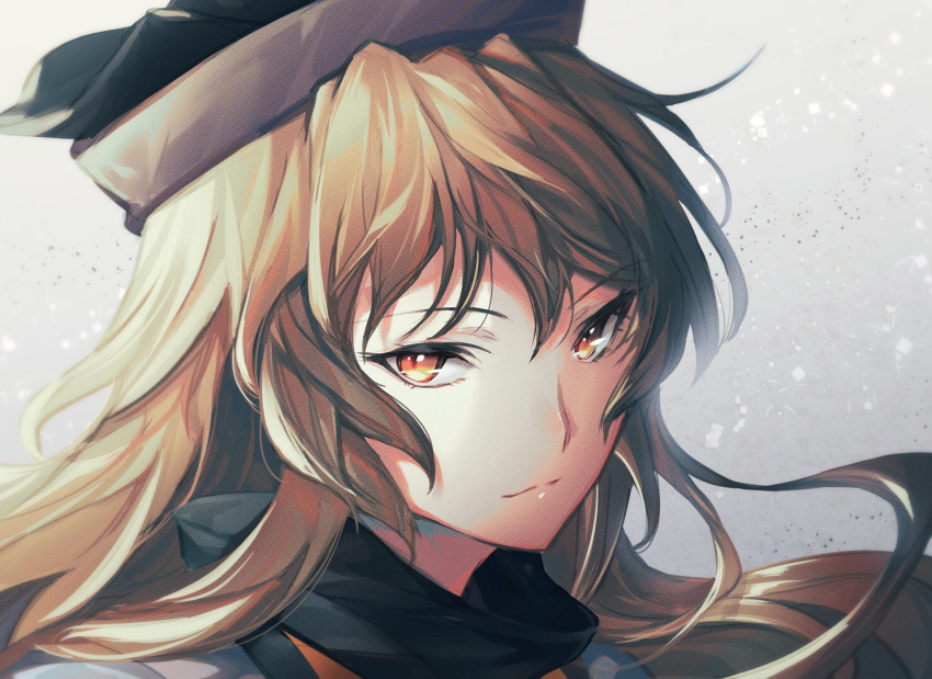 1girl ang bangs blonde_hair closed_mouth gradient gradient_background grey_background hat long_hair looking_at_viewer matara_okina orange_eyes portrait solo touhou