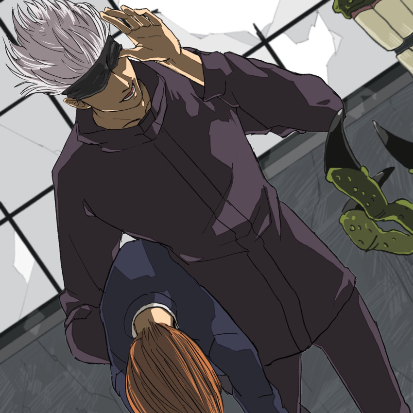 1boy 1girl black_blindfold blindfold carrying_under_arm commentary_request gojou_satoru highres ika40080711 jujutsu_kaisen kugisaki_nobara monster school_uniform short_hair smile spiky_hair talking teacher_and_student unconscious white_hair