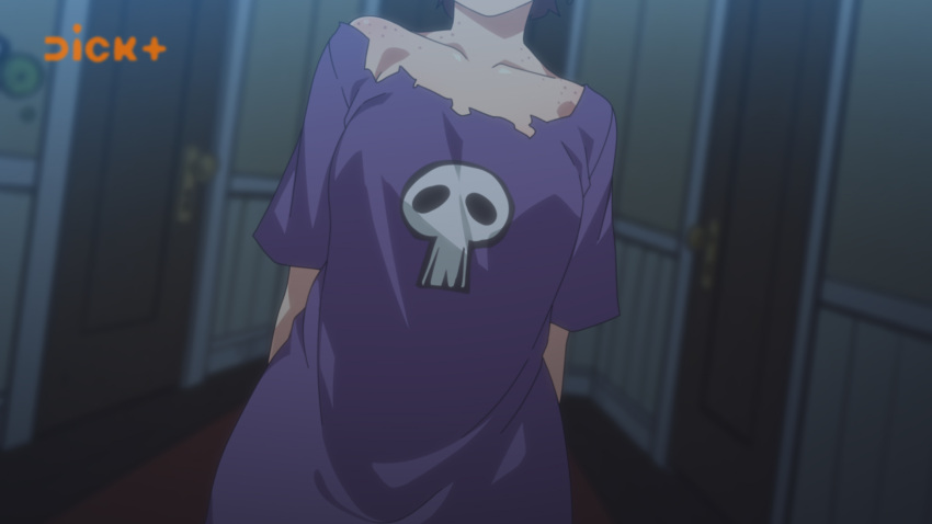 1girl arms_behind_back blurry blurry_background breasts copyright_request door facing_viewer freckles head_out_of_frame highres indoors jcm2 medium_breasts purple_shirt shirt short_sleeves skull_print solo upper_body