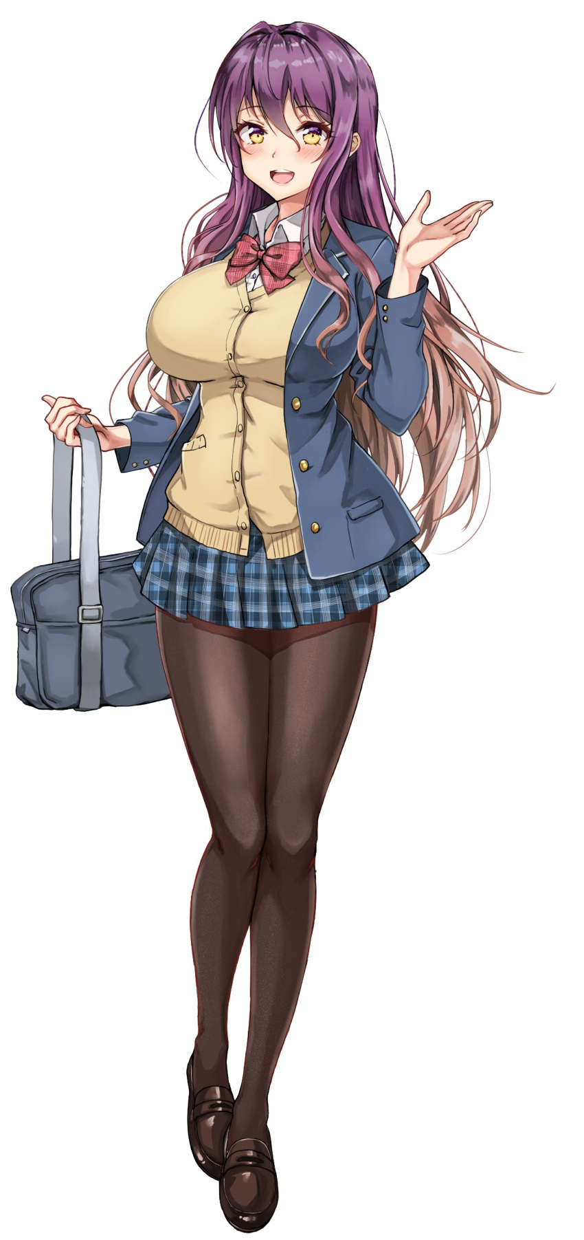 1girl :d absurdres alternate_costume amagi_(amagi626) bag bangs black_legwear blazer blue_jacket blue_skirt blush bow breasts brown_hair brown_shirt carrying_bag commentary_request gradient_hair hand_up handbag highres hijiri_byakuren jacket large_breasts leggings loafers long_hair looking_at_viewer miniskirt multicolored_hair no_socks open_mouth plaid plaid_bow plaid_skirt purple_hair red_neckwear school_uniform shirt shoes simple_background skirt smile solo sweater sweater_vest touhou two-tone_hair wavy_hair white_background yellow_eyes