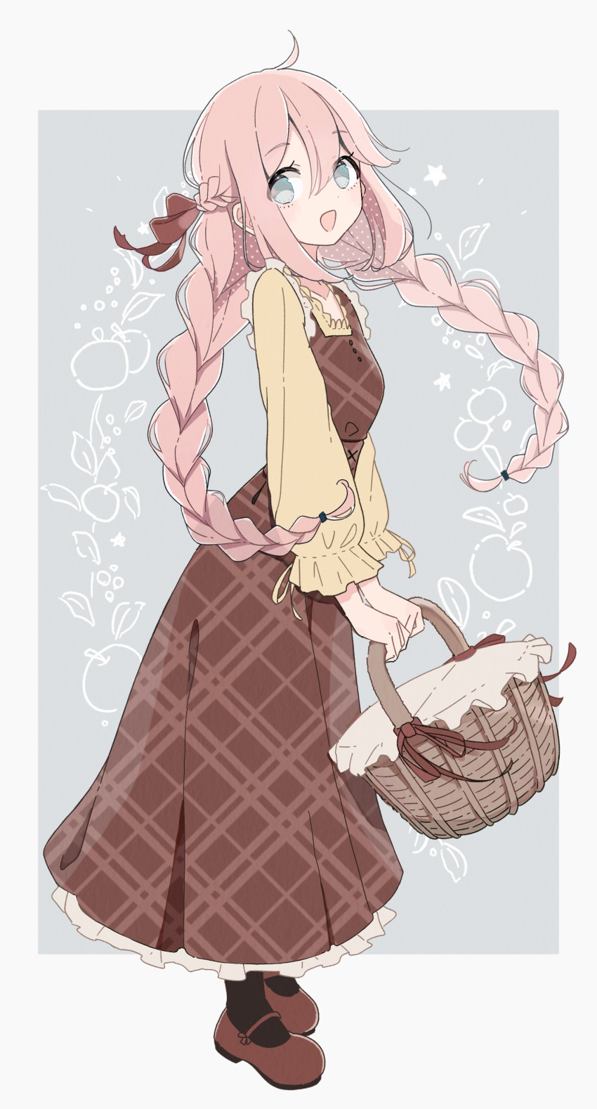 1girl :d absurdres ahoge apple basket black_legwear blue_eyes border braid commentary_request danhuyu dot_nose dress eyebrows_visible_through_hair eyes_visible_through_hair food french_braid from_side fruit full_body hair_between_eyes hair_ribbon highres holding holding_basket kagamihara_nadeshiko loafers long_dress long_hair long_sleeves looking_at_viewer looking_to_the_side low_twin_braids open_mouth outside_border pink_hair red_dress red_footwear red_ribbon ribbon shirt shoes smile solo twin_braids twintails white_border yellow_shirt yurucamp