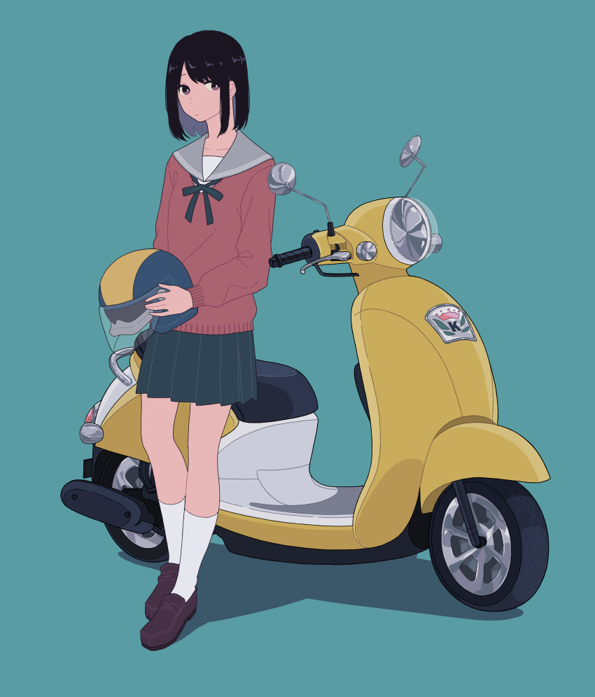 1girl absurdres aqua_background bangs black_footwear black_hair black_skirt grey_sailor_collar ground_vehicle helmet highres holding holding_helmet long_sleeves motor_vehicle original pleated_skirt red_shirt sailor_collar scooter shadow shi_oo shirt shoes short_hair simple_background skirt socks solo white_legwear