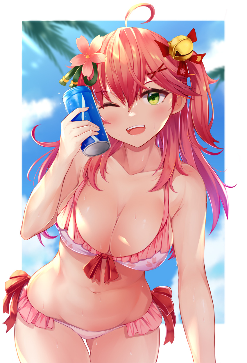 1girl ;d ahoge bangs bare_arms bare_shoulders bell bikini blue_sky can clouds collarbone commentary commentary_request cowboy_shot day eyebrows_visible_through_hair flower green_eyes groin hair_bell hair_between_eyes hair_ornament hand_up highres holding holding_can hololive irohara jingle_bell long_hair looking_at_viewer navel one_eye_closed one_side_up open_mouth outdoors partial_commentary pink_bikini pink_flower pink_hair red_ribbon ribbon sakura_miko sky smile solo standing stomach swimsuit