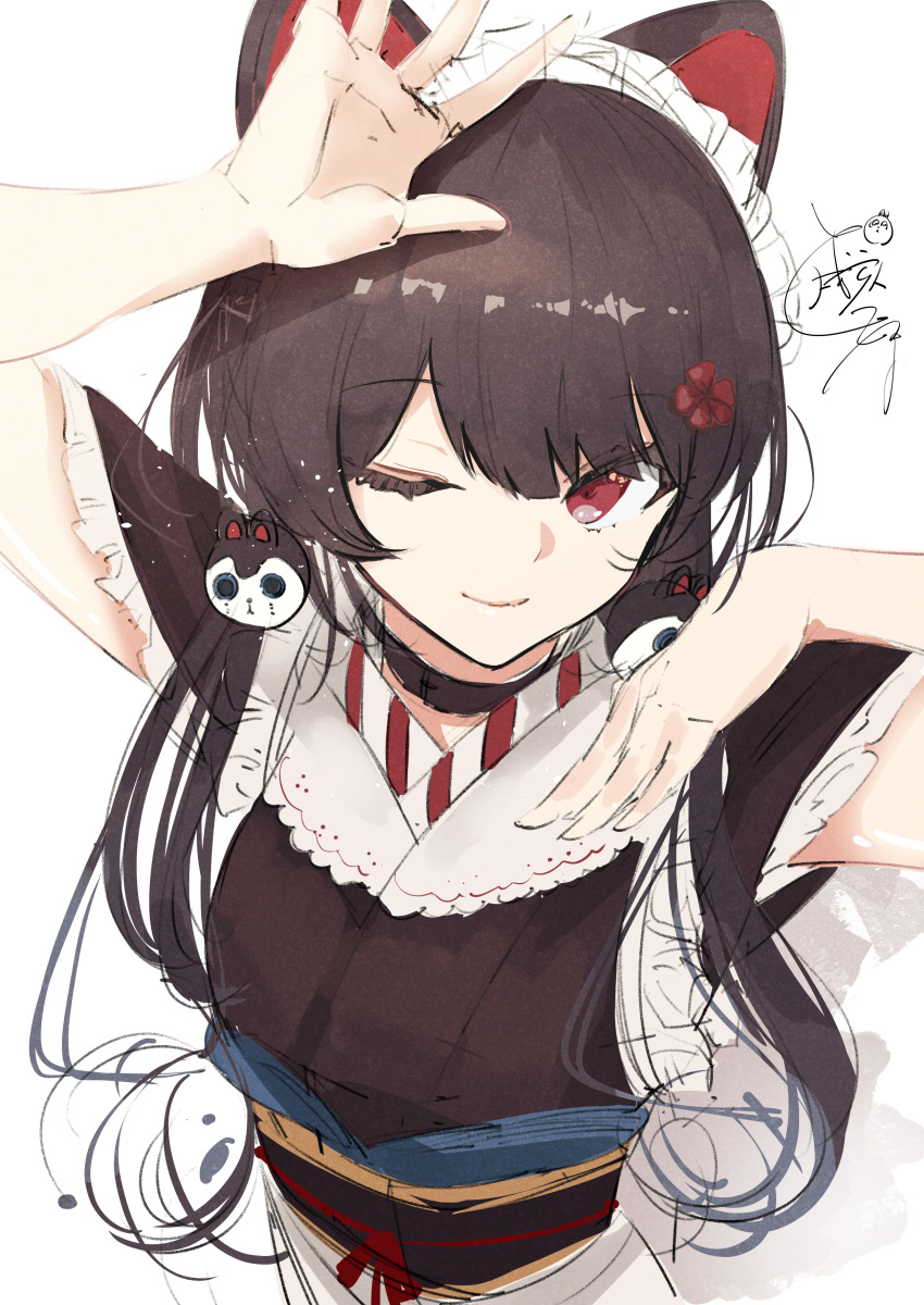 1girl ;) absurdres animal_ears bangs black_collar black_hair black_kimono blunt_bangs collar dog_ears dog_girl dog_hair_ornament eyebrows_visible_through_hair flower hair_ornament hand_on_own_shoulder hand_to_forehead hand_to_head hand_up highres inui_toko japanese_clothes kimono long_hair looking_at_viewer low_twintails maid_headdress nijisanji obi ogura_tubuan one_eye_closed open_hand red_eyes red_flower sash signature sketch smile solo twintails upper_body virtual_youtuber wa_maid white_background