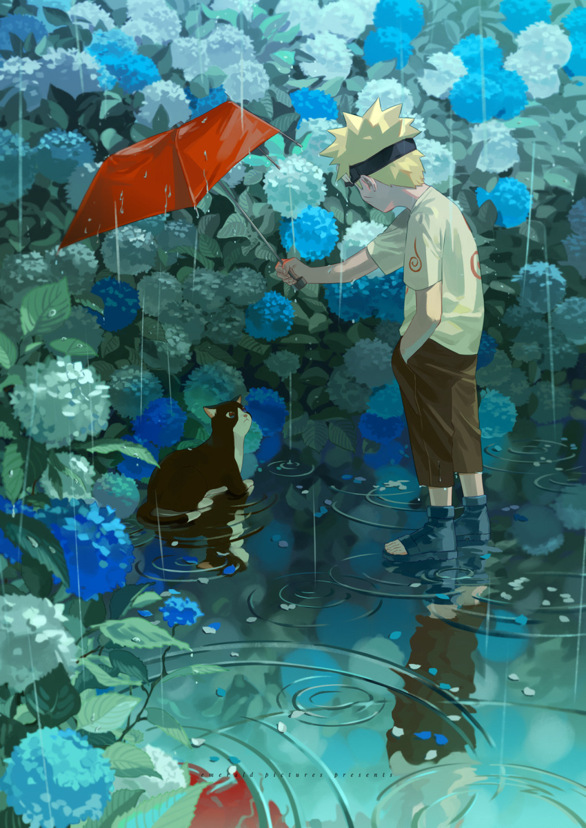 1boy animal black_eyes blonde_hair brown_pants cat english_commentary facial_mark flower hand_in_pocket headband highres holding holding_umbrella holy_pumpkin hydrangea looking_at_another male_focus naruto_(series) outdoors outstretched_arm pants petals petals_on_liquid plant print_shirt rain reflection ripples sandals scenery shirt short_hair short_sleeves sitting solo spiky_hair standing standing_on_liquid umbrella uzumaki_naruto water water_drop wet wet_clothes whisker_markings white_shirt wide_shot younger