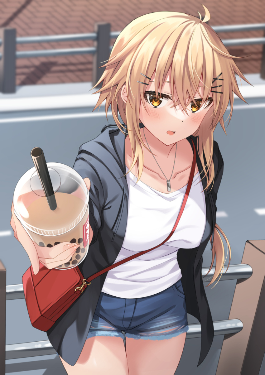 1girl bag bangs black_jacket blonde_hair blue_shorts breasts brown_eyes bubble_tea collarbone commentary_request cup cutoffs denim denim_shorts disposable_cup drinking_straw eyebrows_visible_through_hair hair_between_eyes hair_ornament hairclip highres holding holding_cup hood hood_down hooded_jacket incoming_drink jacket komori_kuzuyu long_hair looking_at_viewer medium_breasts nao_(kuzuyu) open_clothes open_jacket original outdoors parted_lips road shirt short_shorts shorts shoulder_bag sidelocks solo torn_clothes torn_shorts very_long_hair white_shirt x_hair_ornament