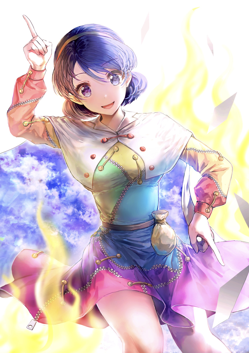1girl :d absurdres arm_up bag bangs belt blush breasts cape dress dutch_angle eyebrows_visible_through_hair feet_out_of_frame fire hairband highres index_finger_raised long_sleeves looking_at_viewer medium_breasts multicolored multicolored_clothes multicolored_dress open_mouth pointing pointing_down pointing_up puffy_sleeves purple_hair rainbow_gradient short_hair simple_background smile solo standing swept_bangs tabiji_(tabiji_s) tenkyuu_chimata thighs touhou violet_eyes white_background white_cape zipper zipper_pull_tab