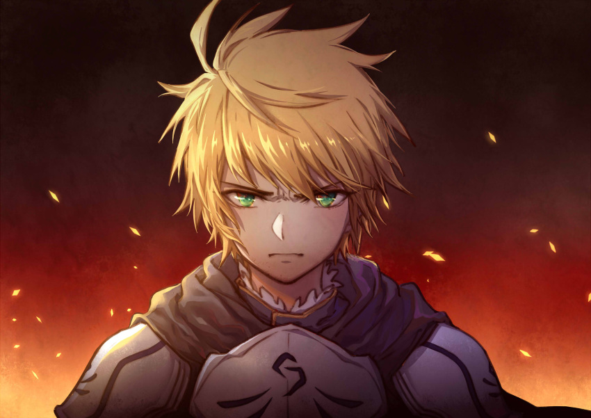 1boy angry armor arsh_(thestarwish) arthur_pendragon_(fate) bangs blonde_hair blue_scarf brown_background closed_mouth fate/grand_order fate_(series) frown gradient gradient_background green_eyes highres looking_at_viewer male_focus orange_background red_background scarf shiny shiny_hair short_hair shoulder_plates solo upper_body