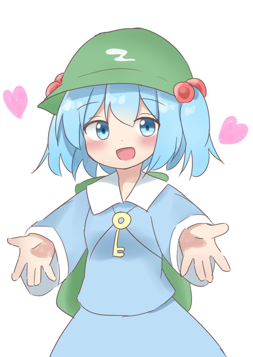 1girl :d backpack bag bangs blue_eyes blue_hair esu_(wgdg3833) green_headwear hair_bobbles hair_ornament hat heart highres kawashiro_nitori looking_at_viewer open_arms open_mouth outstretched_arms short_hair simple_background skirt smile spread_arms touhou white_background
