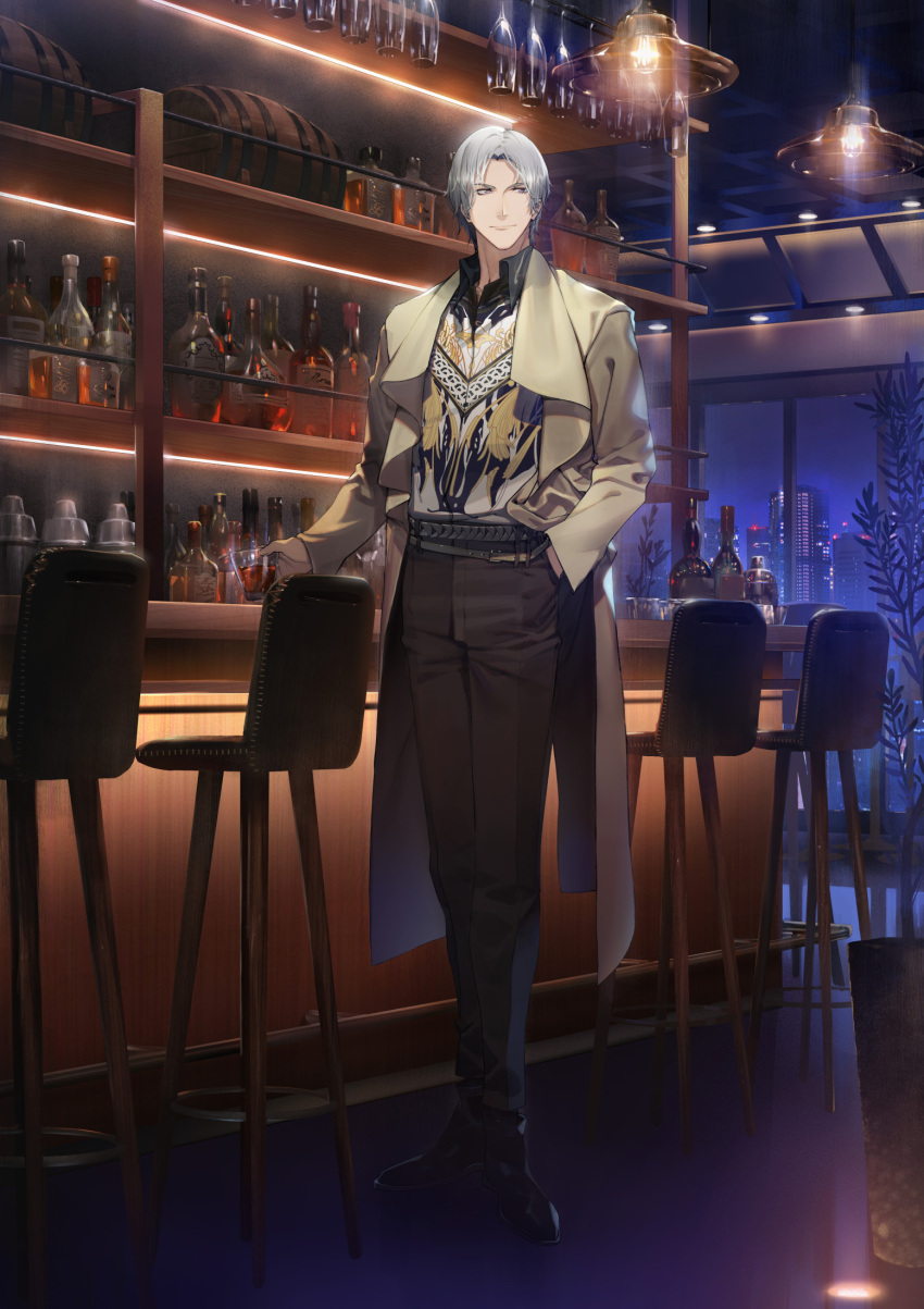 1boy alcohol bar belt black_belt black_footwear black_pants bottle ceiling_light closed_mouth coat grey_hair highres indoors keg_(container) light_and_night_love male_focus official_art open_clothes open_coat pants plant potted_plant ryota-h shirt shoes short_hair smile solo standing stool yellow_coat
