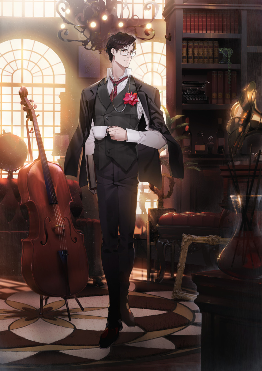 1boy black_jacket black_pants black_vest book bookshelf bottle brown_footwear brown_hair chandelier closed_mouth collared_shirt cup flower glasses highres holding holding_cup indoors instrument_request jacket jacket_on_shoulders light_and_night_love long_sleeves male_focus necktie official_art pants plant potted_plant red_eyes red_flower red_neckwear ryota-h shirt shoes smile solo standing teacup typewriter vest white_shirt wing_collar