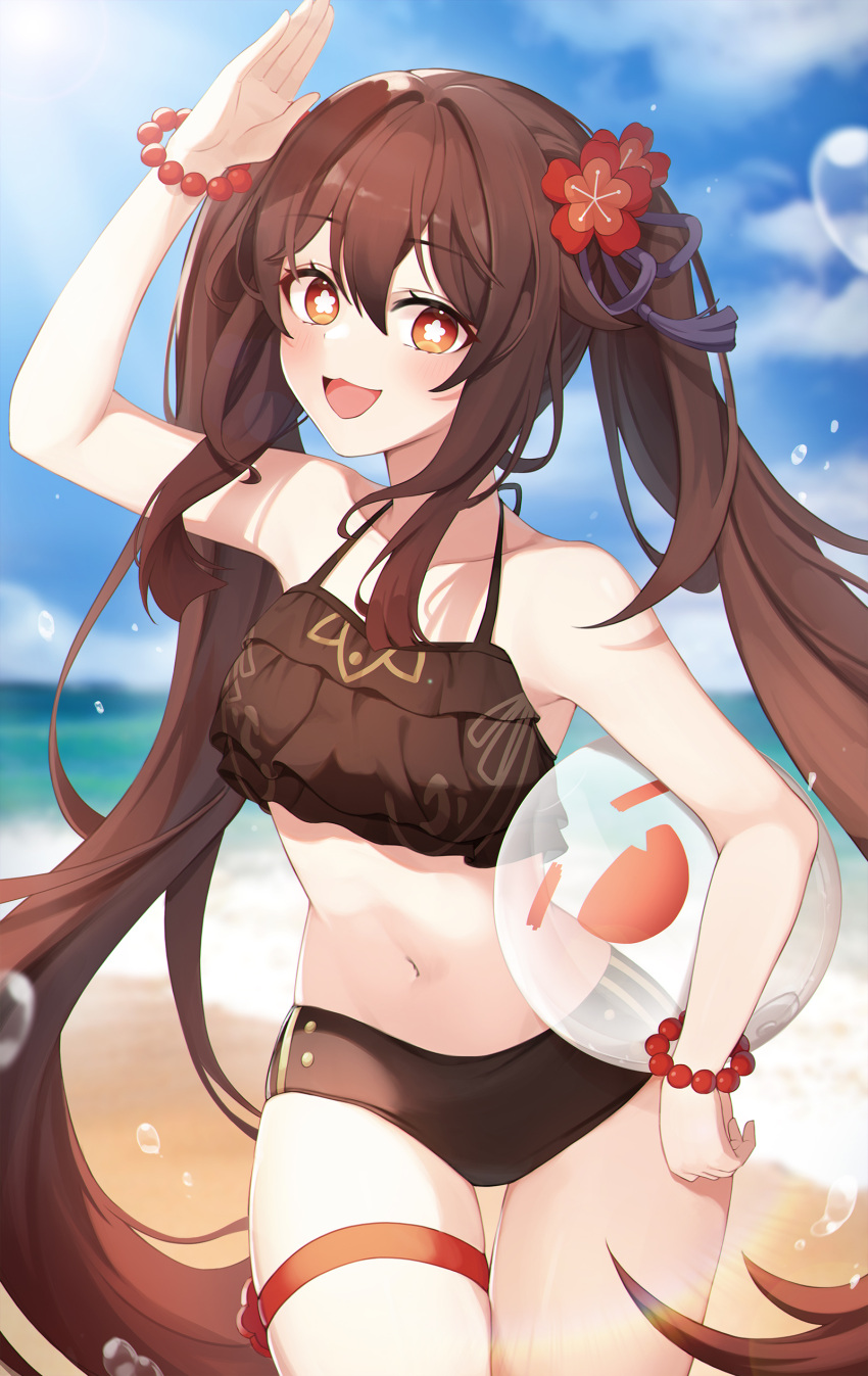1girl :3 :d absurdres arm_up ball bangs bare_arms bare_shoulders beach bead_bracelet beads bikini blue_sky blurry blurry_background blush bracelet breasts brown_bikini brown_hair collarbone cowboy_shot day detached_sleeves eyebrows_visible_through_hair flower flower-shaped_pupils genshin_impact gya_(144) hair_between_eyes hair_flower hair_ornament halter_top halterneck highres hu_tao_(genshin_impact) jewelry long_hair looking_at_viewer navel open_mouth outdoors plum_blossoms red_eyes red_flower sky smile solo stomach swimsuit thigh_gap thigh_strap twintails very_long_hair