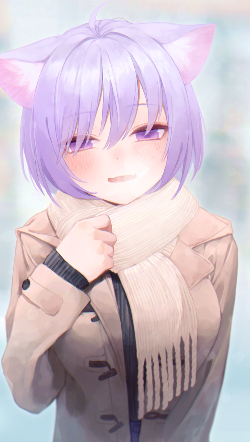 1girl absurdres animal_ear_fluff animal_ears antenna_hair bangs black_sweater blush brown_coat cat_ears coat commentary_request duffel_coat eyebrows_visible_through_hair eyes_visible_through_hair fang hand_up highres hololive long_sleeves looking_at_viewer nanome_to nekomata_okayu parted_lips purple_hair scarf short_hair skin_fang solo sweater upper_body violet_eyes virtual_youtuber