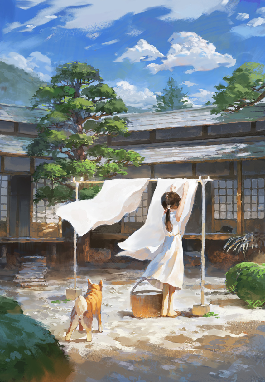 1girl architecture arms_up bare_arms basket bed_sheet black_cat black_hair blue_sky brown_footwear bush cat clouds day dog dress east_asian_architecture fjsmu from_behind highres house laundry laundry_pole mountain original outdoors ponytail sandals scenery shiba_inu shouji sky sleeveless sleeveless_dress sliding_doors solo tree white_dress wind wind_lift