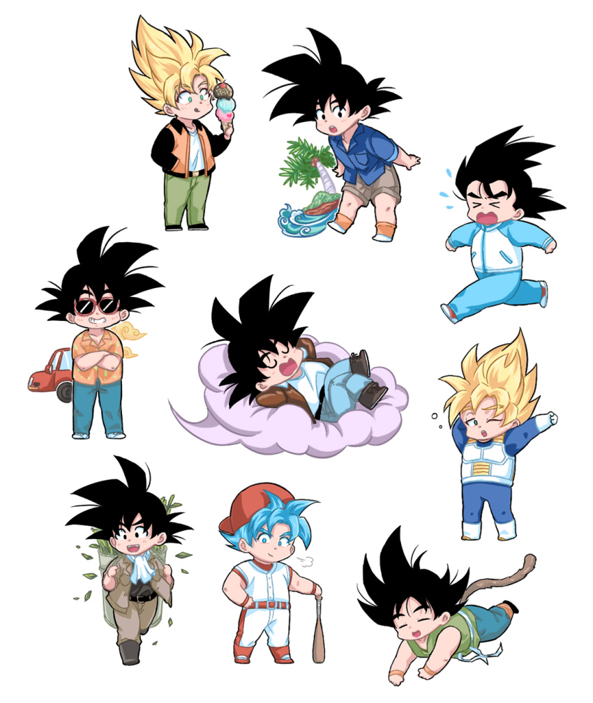 &gt;_&lt; 1boy armor backwards_hat baseball_bat baseball_cap baseball_jersey baseball_uniform belt black_hair blonde_hair blue_bodysuit blue_eyes blush bodysuit boots chest_armor chibi closed_eyes closed_mouth clouds crossed_arms crossed_legs dragon_ball dragon_ball_(classic) dragon_ball_gt dragon_ball_super dragon_ball_z flying_nimbus food gloves green_eyes hat hawaiian_shirt highres holding holding_baseball_bat holding_food ice_cream jacket licking_lips looking_at_viewer lying male_focus monkey_tail on_back open_clothes open_jacket open_mouth pants saiyan saiyan_armor scharlachrotn shirt shoes short_hair shorts sleeping smile sneakers son_goku spiky_hair sportswear sunglasses super_saiyan super_saiyan_1 super_saiyan_blue tail teeth tongue tongue_out white_background wristband