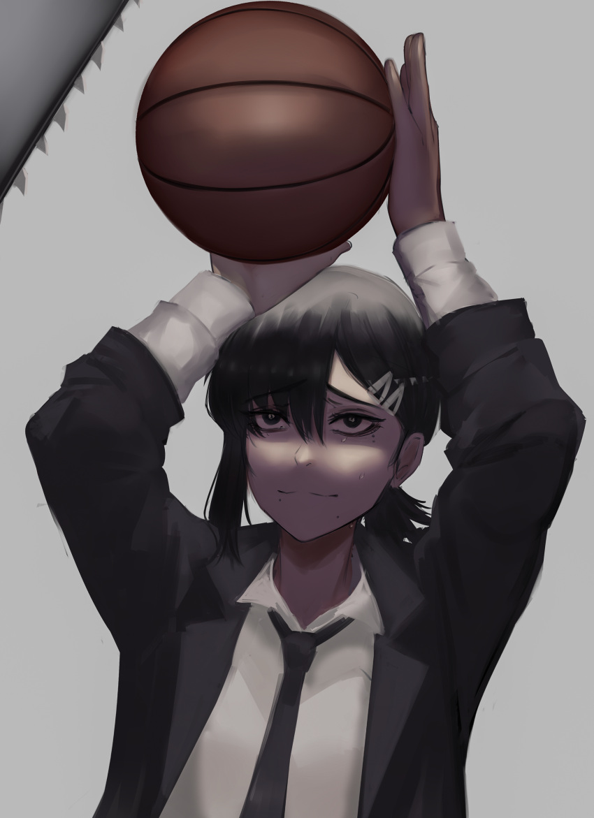 1girl absurdres bangs basketball black_eyes black_hair black_jacket blush chainsaw chainsaw_man formal grey_background hair_ornament hairclip higashiyama_kobeni highres jacket mole mole_under_eye mole_under_mouth necktie nervous nervous_smile pochita_(chainsaw_man) ponytail short_hair simple_background solo suit zaki_(zaki_btw)